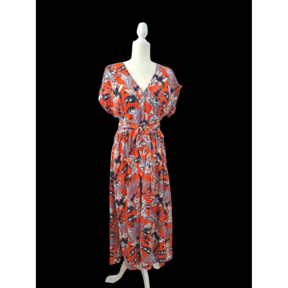 Loft Women's Cap Sleeve Orange Blue Floral Midi Travel Vacation Dress Sz 6